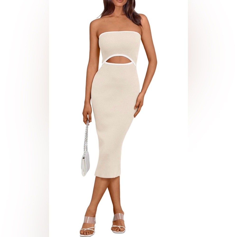LILLUSORY Midi Bodycon Elegant Cream Strapless Cutout Dress NWT